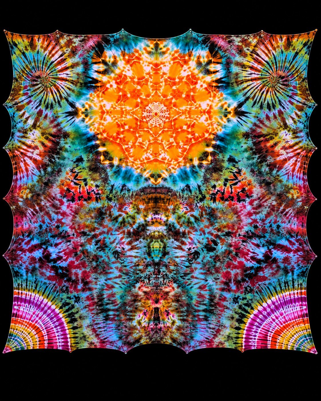 A Realm Called Forth — original hand-dyed textile artwork, a radiating mandala in orange, turquoise, magenta and black.