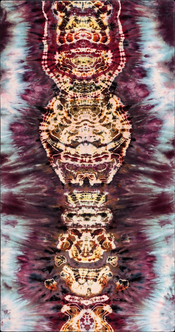 The Ancestral Axis — original hand-dyed textile artwork, rising symmetrical forms in plum, maroon and gold.
