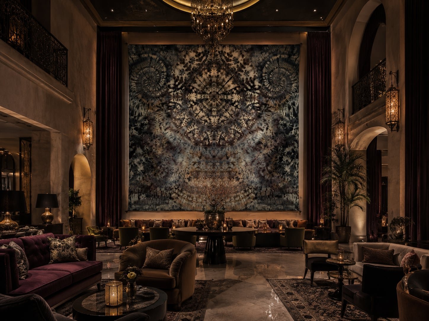 Large-scale Beachin Sheets textile artwork visualized in a luxury hospitality interior