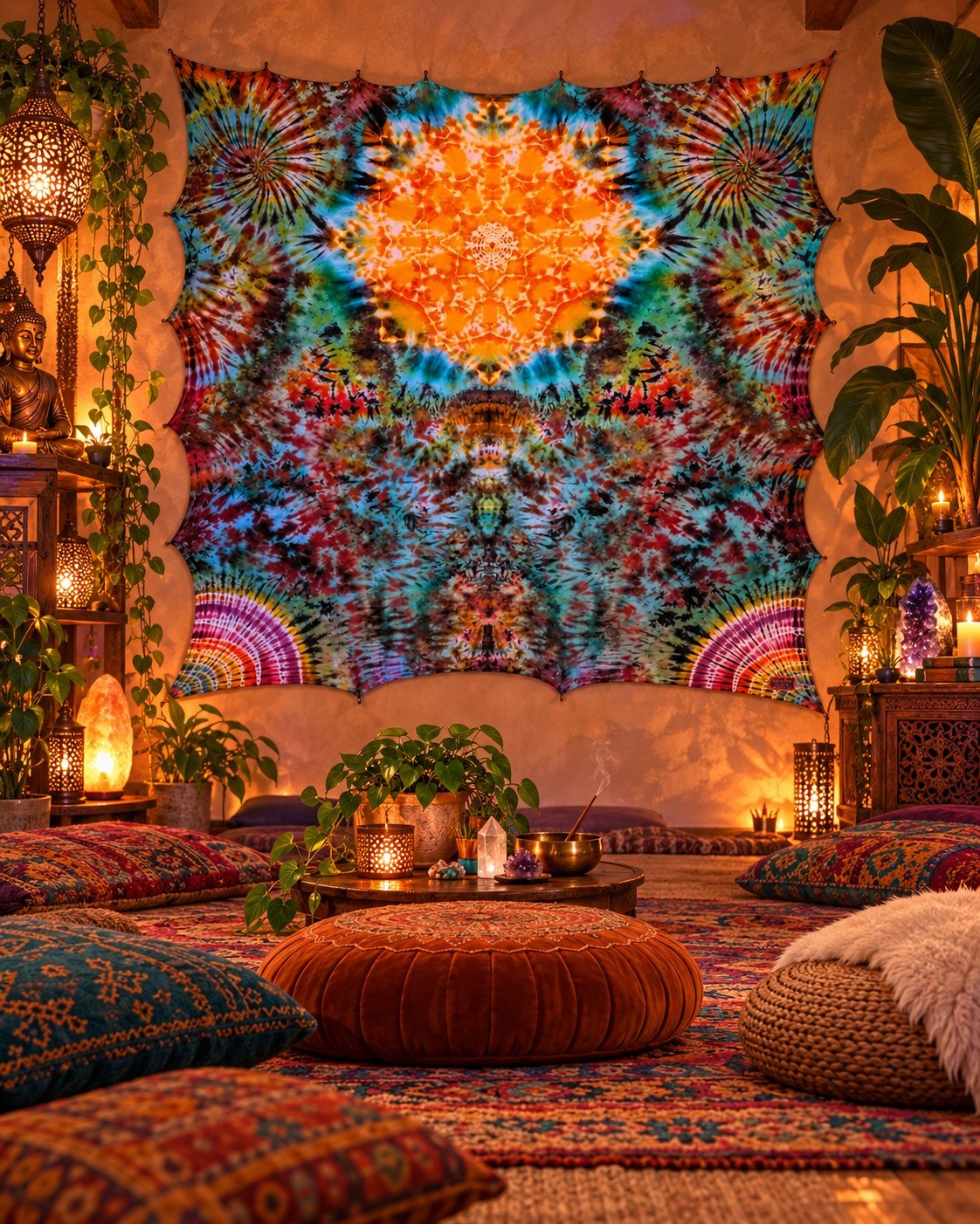 A Realm Called Forth hanging as large textile wall art in a warm meditation-room interior.