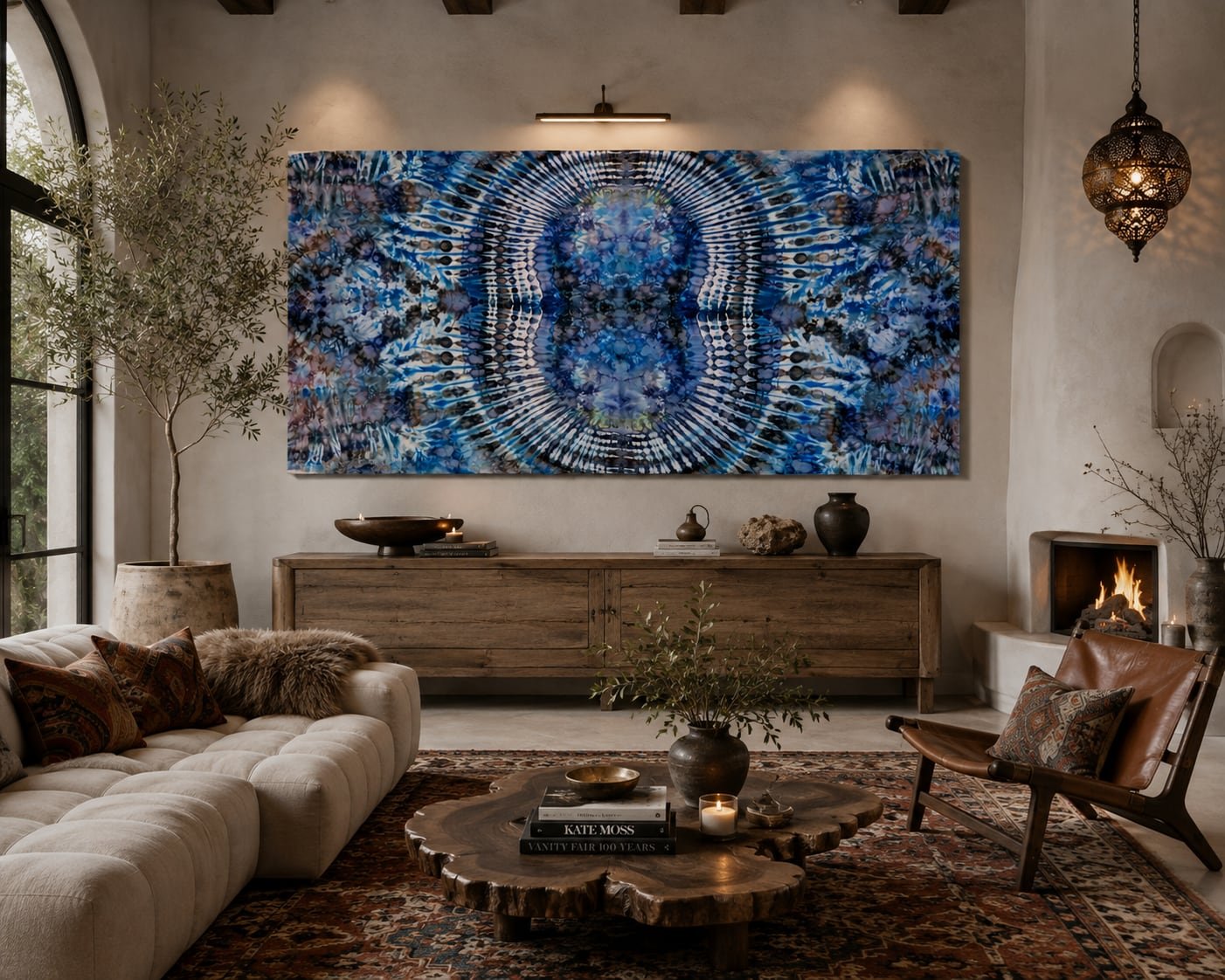 Blue Frequency hanging as large-format textile wall art. Shown in a plaster-walled interior with reclaimed timber and warm lamplight.