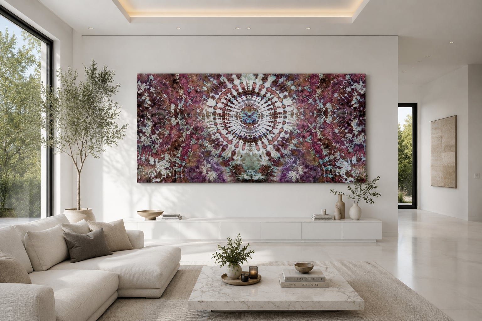 Rose Oracle hanging as large-format textile wall art. Shown in a contemporary living room with white walls and natural light.
