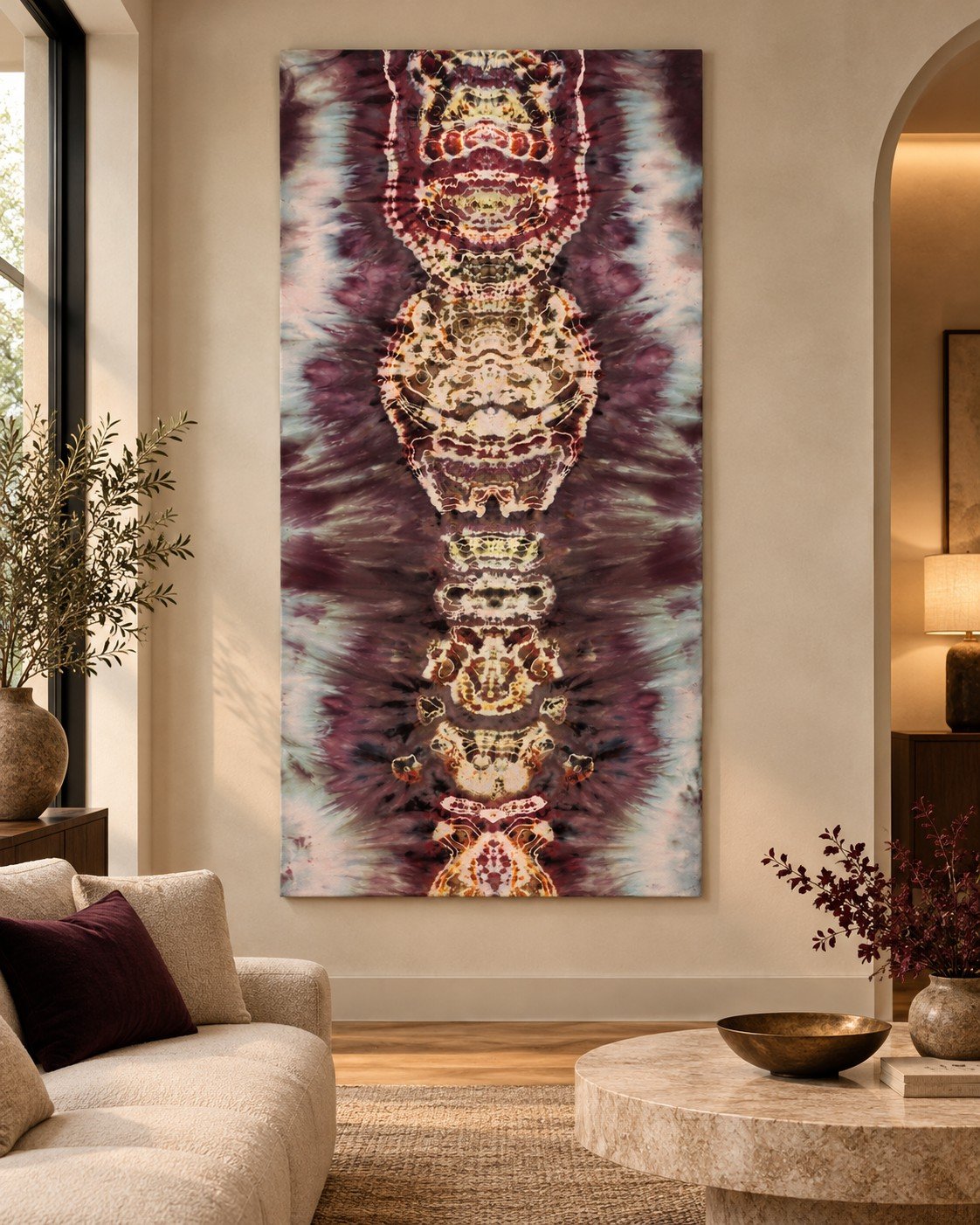 The Ancestral Axis hanging in a calm, neutral living room.