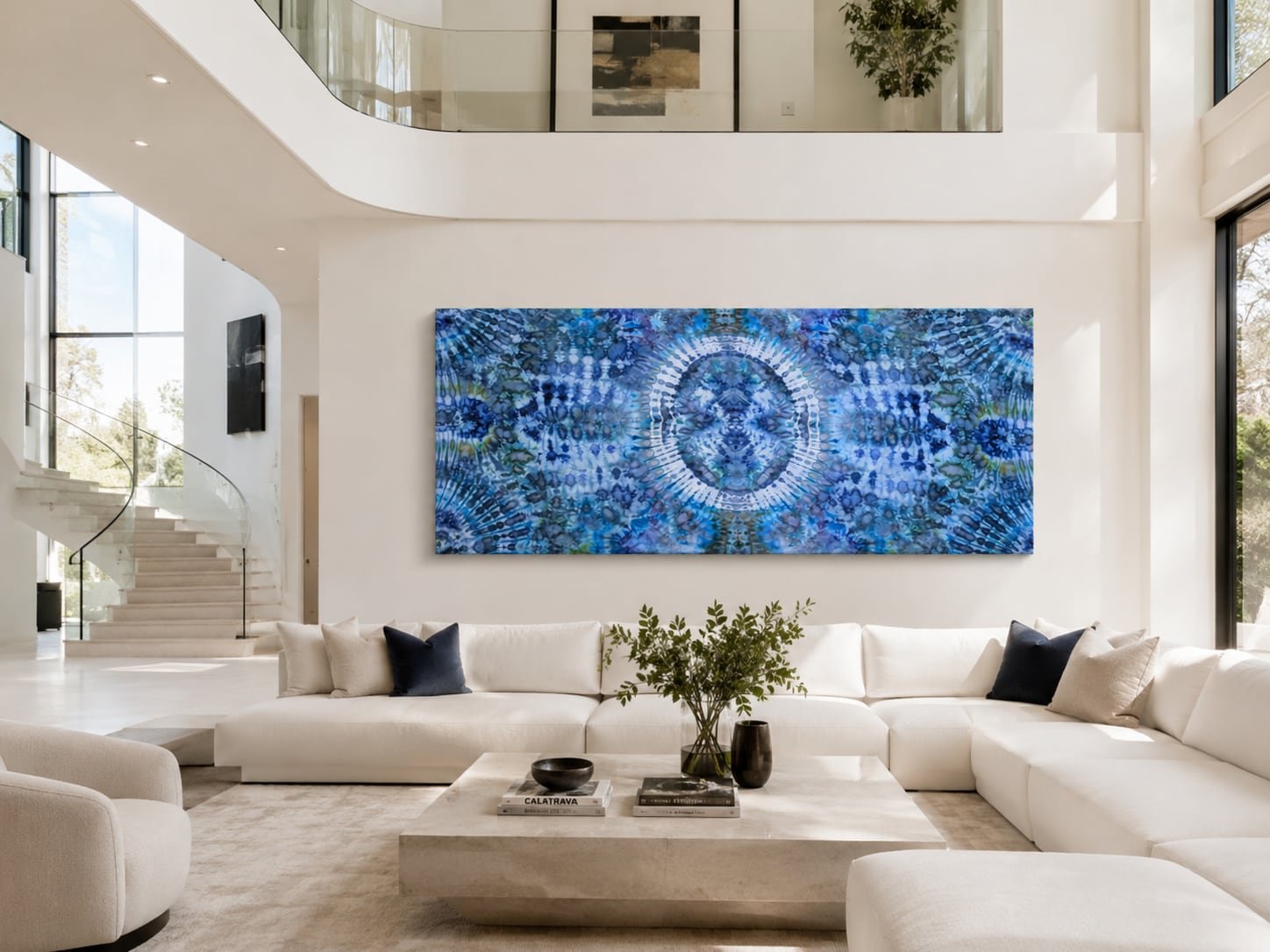 Winter Mirage hanging as large-format textile wall art. Shown in a double-height contemporary room with a pale stone floor.